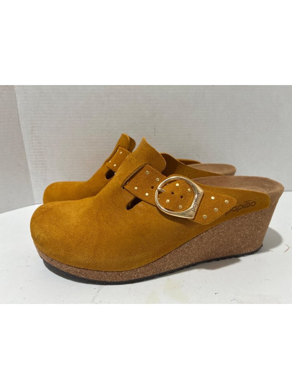 Birkenstock Papillio Fanny wedge clogs in buckthorn suede gold-tone ring buckle
